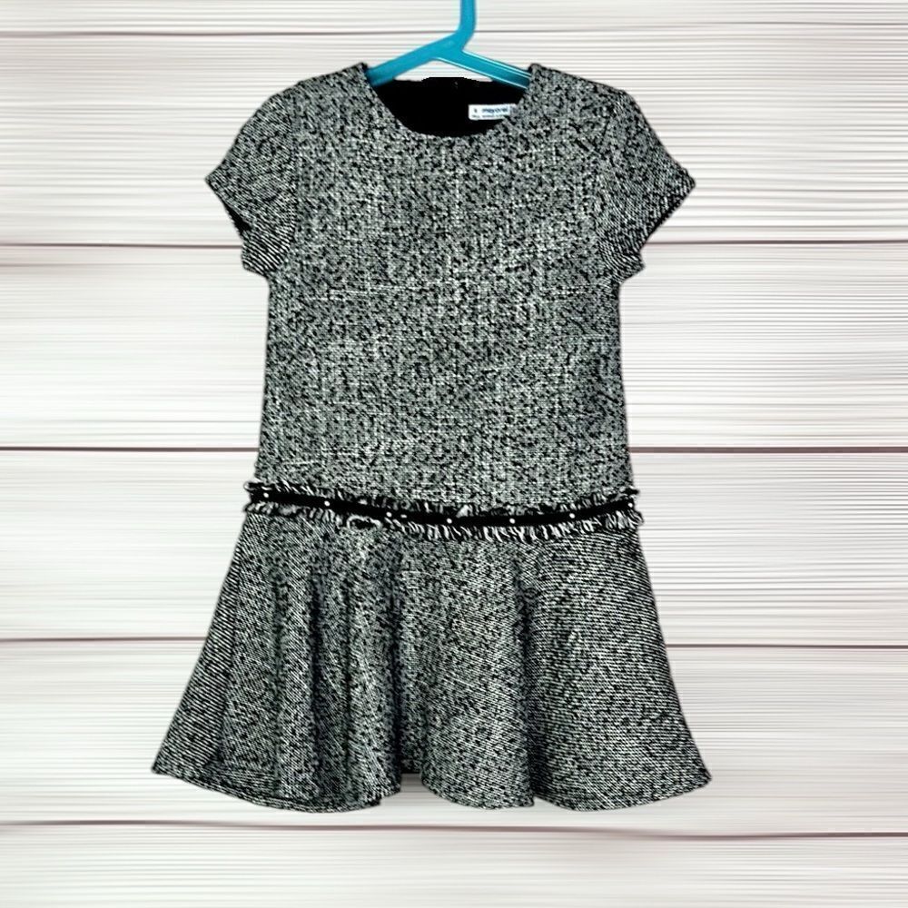 Mayoral Black and White Tweed Dress Short Sleeve Wool Blend Size 6 116 sm